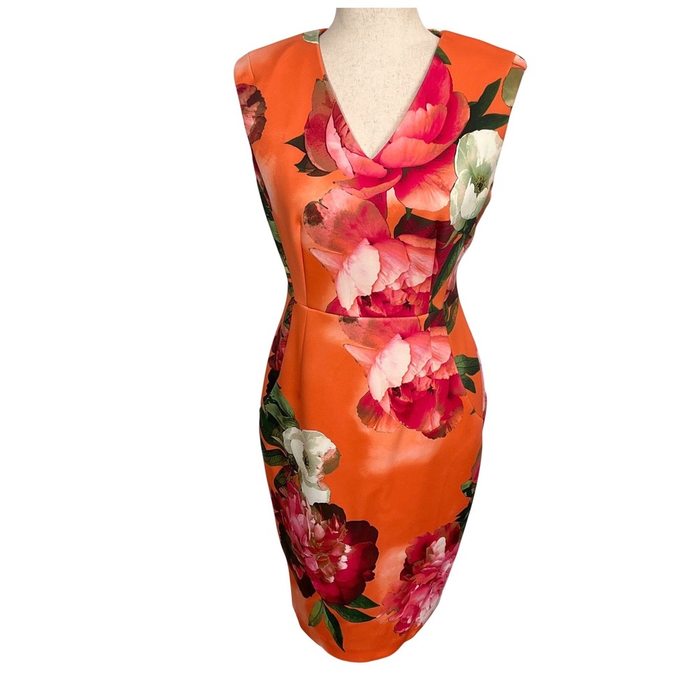 Calvin Klein Dress Womens 6 Orange Floral Peony Vibrant Bodycon Sheath Garden
